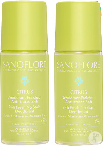 Sanoflore 24h Citrus Déodorant Fraîcheur Anti-Traces Peaux Sensibles Bio Roll-On 2x50ml