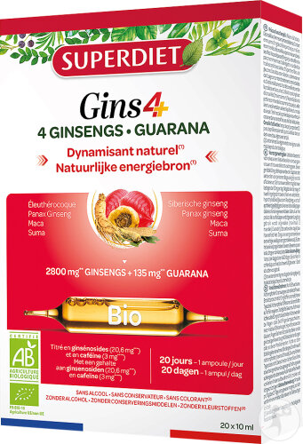 Super Diet Gins4+ Bio 4 Ginsengs + Guarana Dynamisant Naturel 20x10ml
