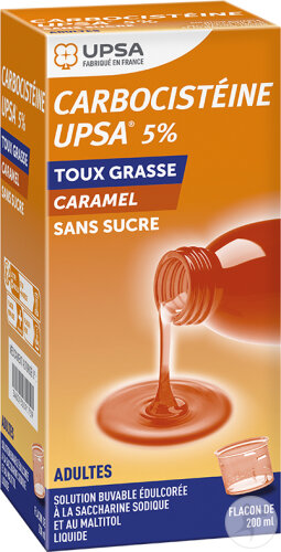 UPSA Carbocistéine 5% Toux Grasse Adulte Sirop Sans Sucre Flacon 200ml
