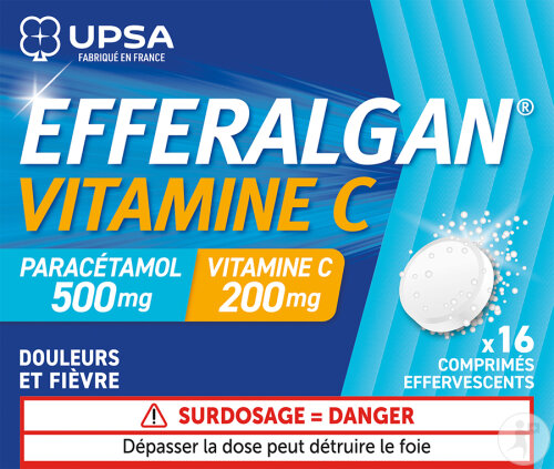 UPSA Efferalgan Vitamine C 16 Comprimés Effervescents Paracétamol, Vitamine C