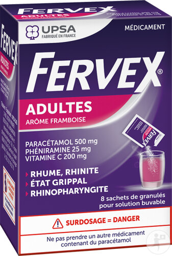 UPSA Fervex Adultes Goût Framboise 8 Sachets Paracétamol, Phéniramine, Vitamine C
