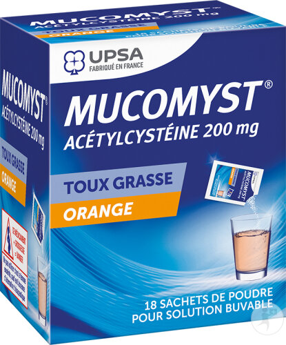 UPSA Mucomyst 200mg Toux Grasse Poudre Pour Solution Buvable Sachets 18x2g