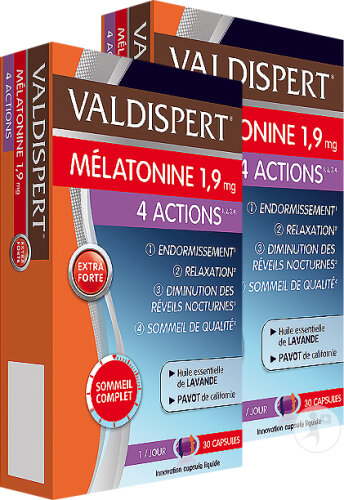 Valdispert Mélatonine Extra Forte 1,9mg 4 Actions Complément Alimentaire 2x30 Capsules Promo Pack