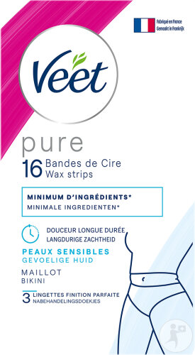 Veet Pure Bandes De Cire Froide Maillot-Bikini Peaux Sensibles 16 Pièces + 3 Lingettes Finition Parf