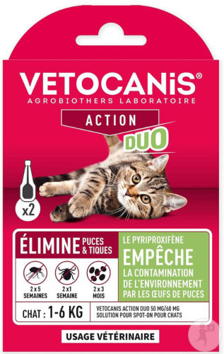 Vetocanis Pipettes Anti-Puces & Tiques Pour Chats Action Duo 50mg/60mg 2 Pièces