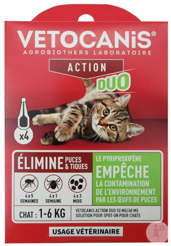 Vetocanis Pipettes Anti-Puces & Tiques Pour Chats Action Duo 50mg/60mg 4 Pièces