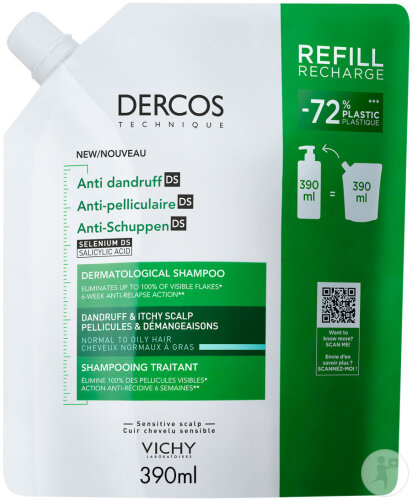 Vichy Dercos Shampoing Antipelliculaire DS Cheveux Normal À Gras Eco-Recharge 390ml