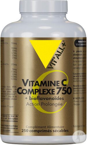 Vit'all+ Vitamine C Complexe 750mg Action Prolongée Avec Bioflavonoïdes 250 Comprimés Sécables