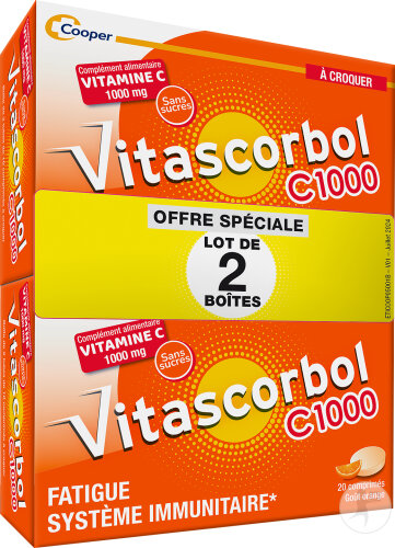 Vitascorbol C1000 Vitamine C Fatigue Et Système Immunitaire Goût Orange 2x20 Comprimés À Croquer