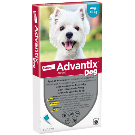 Advantix Dog 100/500 Spot-On Oplossing Voor Honden 4-10kg Pipetten 6x1ml