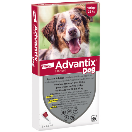 Advantix Dog 250/1250 Spot-On Oplossing Voor Honden 10-25kg Pipetten 6x2,5ml
