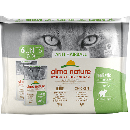 Almo Nature MultiPack Holistic Anti-Hairball Rund En Kip Voor Volwassen Kat 6x70g