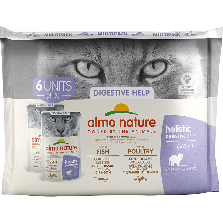Almo Nature MultiPack Holistic Digestive Help Vis En Gevogelte Voor Volwassen Kat 6x70g
