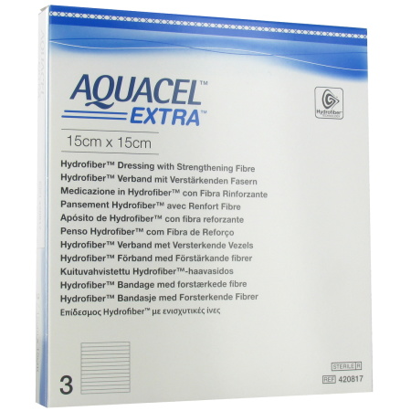 Aquacel Extra Hydrofiber Verband Met Vezelversterking 15x15cm 3 Stuks