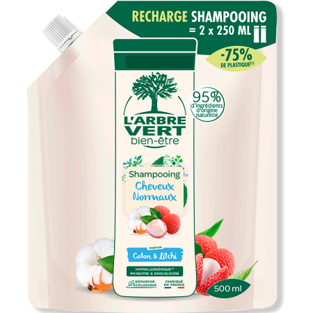 Arbre Vert Shampoo Normaal Haar Katoen En Lychee Navulling 500ml