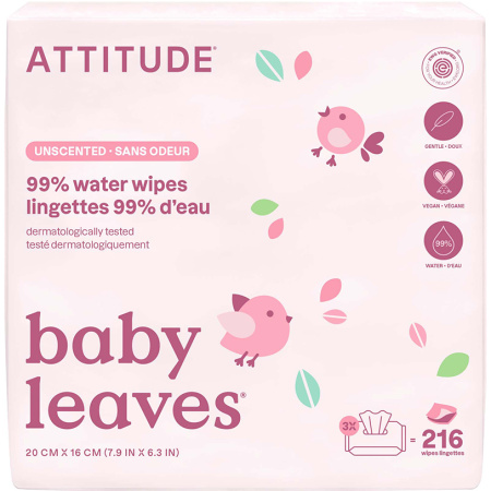 Attitude Baby Leaves Trio Babydoekjes 99% Water Zonder Parfum 216 Stuks