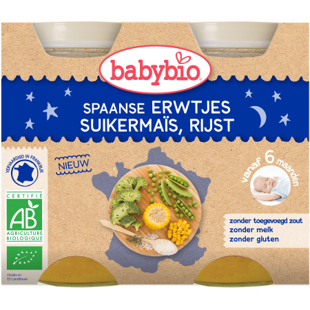 Babybio Babybio Spaanse Erwtjes - Suikermaïs - Rijst Vanaf 6 Maanden Pots 2x200g (51058)