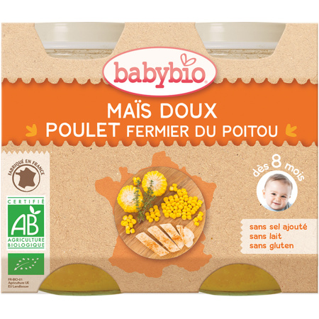 Babybio Franse Suikermaïs En Scharrelkip Vanaf 8 Maanden Pots 2x200g (51052)