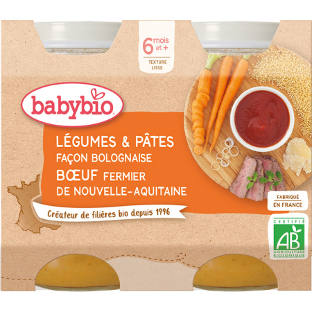 Babybio Groenten En Pasta Bolognese Met Rundvlees Van De Boerderij Pots 2x200g