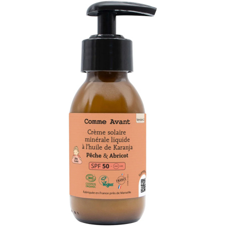 Comme Avant Minerale Vloeibare Zonnecrème Met Karanja Olie SPF50 Perzik & Abrikoos 105g