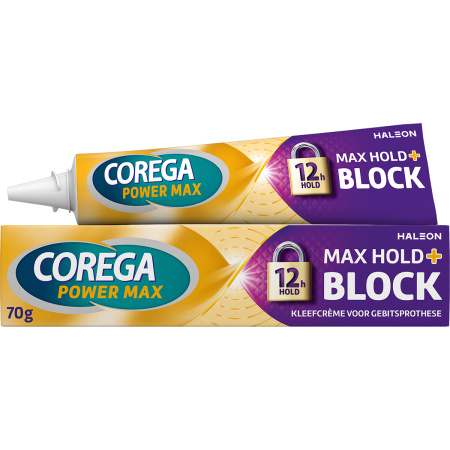 Corega Max Hold+Block Smaakloze Kleefcrème Voor Een Sterke Fixatie Van Uw Kunstgebit 70g