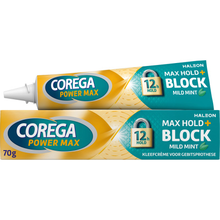 Corega Max Hold + Block Mild Mint Kleefcrème Muntsmaak Superieure Fixatie Voor Uw Kunstgebit 70g