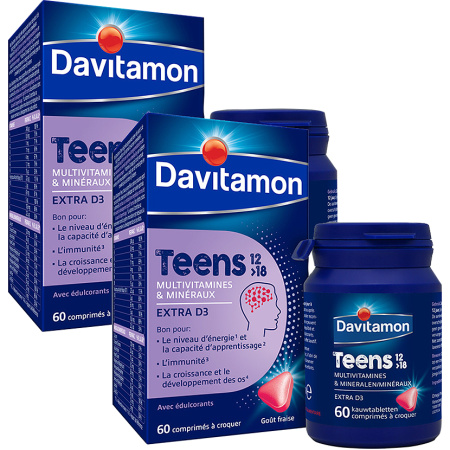 Davitamon Tieners 12-18 jaar Multivitamines en mineralen Aardbeiensmaak 60 Stuk Promo 1+1 Gratis