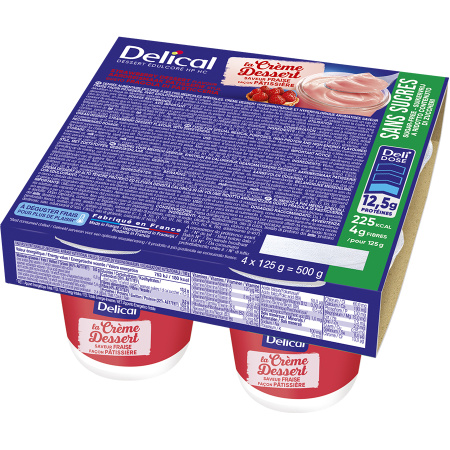 Delical Dessertcrème HP-HC Zonder Suiker Aardbei 4x125g