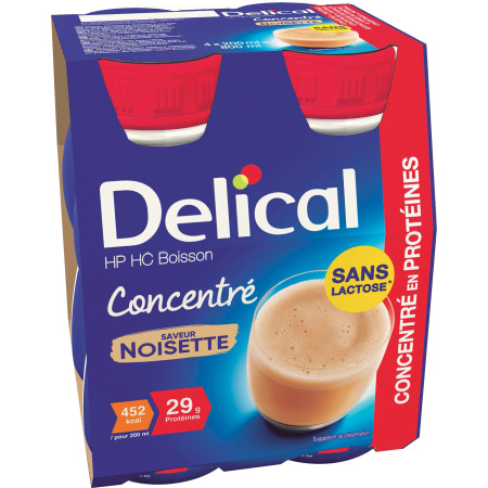 Delical Geconcentreerde HP HC Drank Zonder Lactose Smaak Hazelnoot Flessen 4x200ml