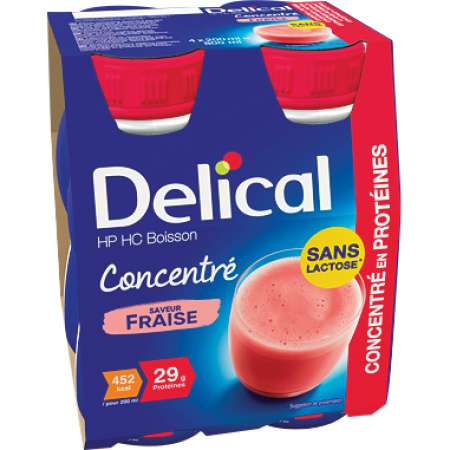 Delical HP HC Geconcentreerde Drank Zonder Lactose Aardbei Smaak Flesjes 4x200ml