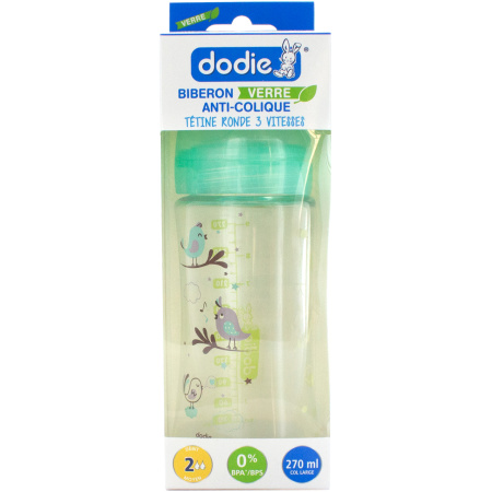 Dodie Zuigfles Initiation+ Glas 0-6 Maanden Ronde Speen Debiet 2 Groen Vogels 270ml