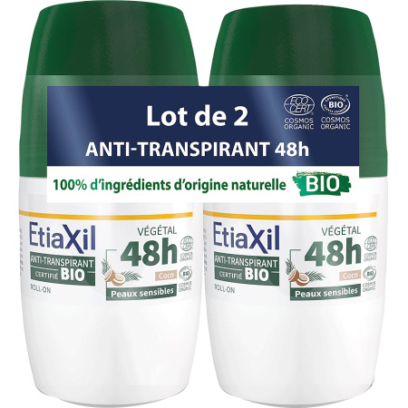 Etiaxil Plantaardige Anti-Transpirant Deodorant Matige Transpiratie 48h Kokosgeur Bio Roll-On 2x50ml