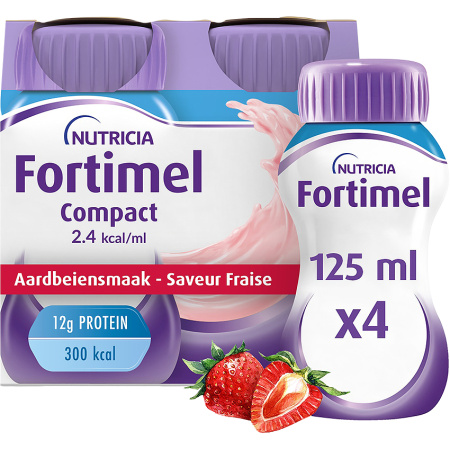 Fortimel Compact 2.4kcal Aardbeiensmaak Voedingssupplement Ondervoeding Flessen 4x125ml