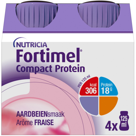 Fortimel Compact Protein Aardbeismaak Voedingssupplement Ondervoeding Flessen 4x125 ml
