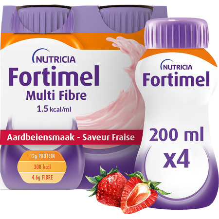 Fortimel Multi Fiber 1.5kcal Aardbei Voedingssupplement Ondervoeding Flessen 4x200ml