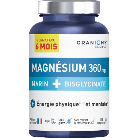 Granions Magnesium Marine + Bisglycinaat Pillendoos Ecoformaat 6 Maanden 180 Tabletten