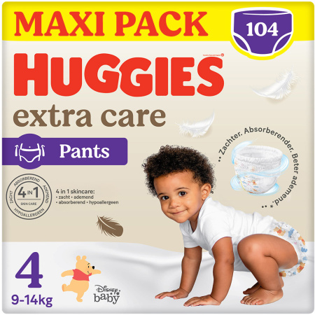 Huggies® Extra Care baby luierbroekjes, Maat 4 (9 tot 14kg), 104 luiers met zachte elastische tailleband en Disney designs, Maxi Pack