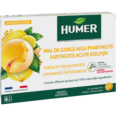 Humer Acute Keelpijn Honing Citroen Smaakpastilles Vanaf 6 Jaar 20 Stuks
