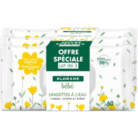 Klorane Baby Doekjes Met Water Gezicht/Lichaam/Luierzone Trio