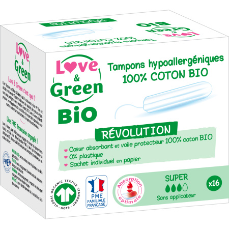 Love&Green Hypoallergene 100% Biologisch Katoenen Applicator Vrij Super 16 Tampons