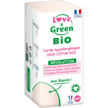 Love&Green Hypoallergeen 100% Organisch Katoen Ongebleekt 60 Vierkantjes