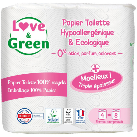Love&Green Gerecycled Hypoallergeen/Ecologisch Toiletpapier 3-Laags 4 Gecomprimeerde Rollen