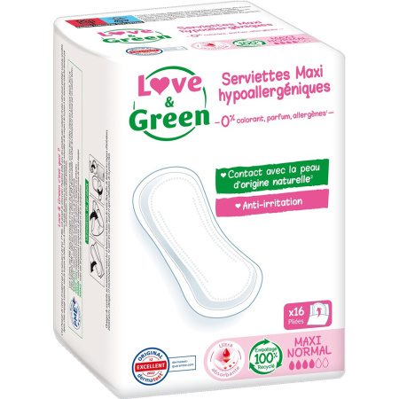 Love&Green Hypoallergene & Ecologische Maandverbanden Maxi Normaal 16 Stuks