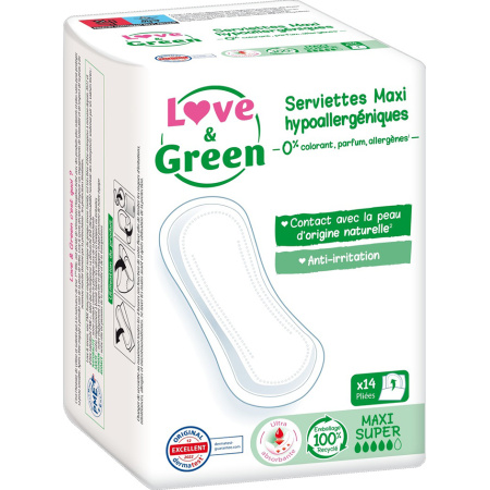 Love&Green Hypoallergene & Ecologische Maandverbanden Maxi Super 14 Stuks