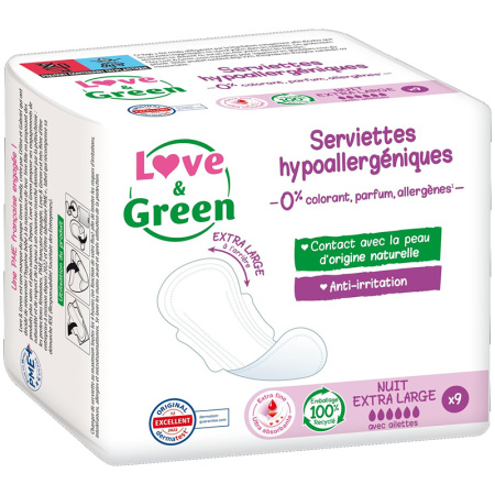 Love&Green Hypoallergene & Ecologische Maandverbanden Nacht Extra Large 9 Stuks