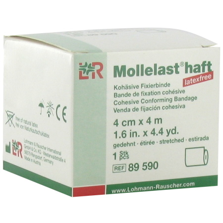 Mollelast Haft Cohesieve Biëlastische Fixatiezwachtel Latex Free 4cmx4m 1 Stuk (89590)