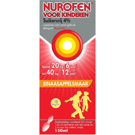 Nurofen Voor Kinderen Suikervrij 4% Sinaasappelsmaak Suspensie 40mg/ml Ibuprofen Fles 150ml