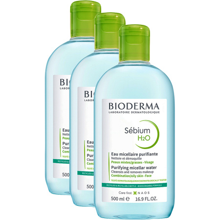 Pack van 3 Bioderma Sébium H2O Zuiverende Micellaire Oplossing Gemengde Of Vette Huid Fles 500ml