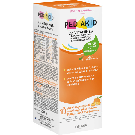 Pediakid 22 Vitaminen En Oligo-Elementen Sinaasappel Abrikoos Smaak Fles 125ml