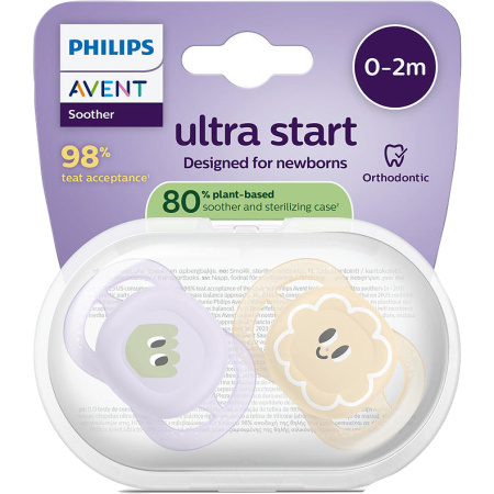 Philips Avent Fopspeen +0m Start Perzik/Lila Motief 2 Stuks
